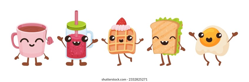Cute Breakfast Food with Smiling Faces Vector Set