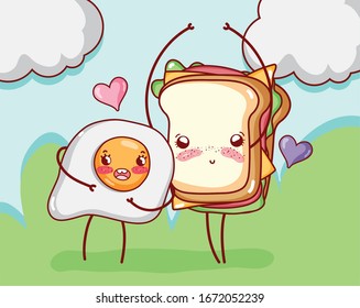 Cute breakfast fried egg and sandwich loving the outdoors. Cartoon vector illustration