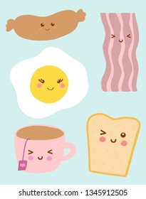 Cute breakfast icons. Funny toast bread, cup of tea, sausages, fried egg, bacon. Kawaii style symbols