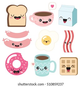 Cute breakfast icons. Funny toast (bread), cup of coffee, tea, milk, sausages, fried egg, bacon, donut, waffle.