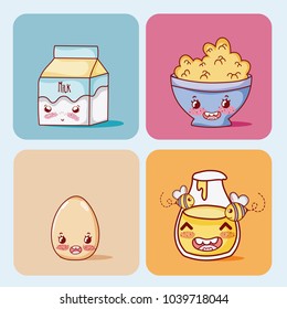 Cute breakfast ingredients kawaii cartoon