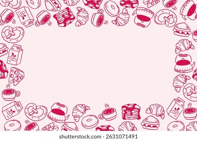 Cute breakfast line art border with croissants, donuts, coffee, and more on a pink background. Ideal for menus, invitations, and food related designs.