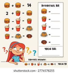 Cute breakfast math puzzle for kids. Count prices of burger, fries, juice, pancake, and donut using visual equations. Fun logic activity with cartoon girl and food icons. Funny vector illustration