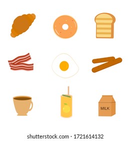 Cute breakfast menu. Bread,croissant,donut,bacon,egg,coffee,sausage,juice and milk. Vector flat design.