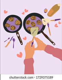 El menú del desayuno es muy correcto con crepes. Dos manos cocinando en dos sartenes. Ilustración vectorial realista dibujada a mano superior con cubertería, cacerolas, aceite de girasol y buñuelos. Cartel del menú de café o pancarta