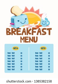 Cute breakfast menu template with toasted bread , milk, jam and american breakfast set.