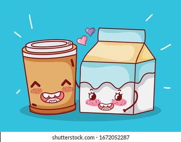 Cute breakfast milk box and plastic coffee cup.  Cartoon vector illustration.