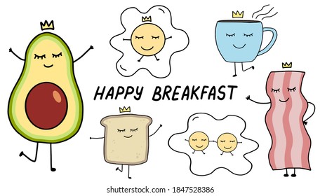 Cute breakfast set. Collection of Cartoon fried egg, bacon, cup of coffee, Avocado, toast. Funny doodle characters isolated on white background. Food and breakfast concept. Vector illustration