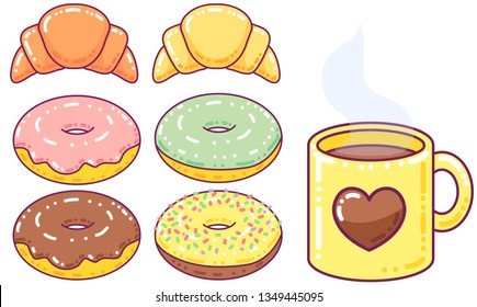 Cute breakfast set of donuts, croissants and chocolate mug