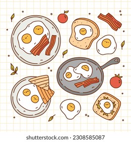 Cute breakfast set. Fried eggs, bacon, toast and tomatoes. Vector hand-drawn illustration in kawaii doodle style. Perfect for various designs, cards, stickers, decorations, logo, menu, recipes.