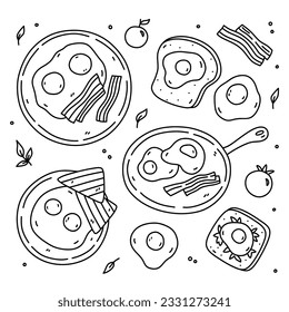 Cute breakfast set with fried eggs, bacon, toast and tomatoes. Vector hand-drawn illustration in doodle style. Perfect for various designs, cards, stickers, decorations, logo, menu, recipes.