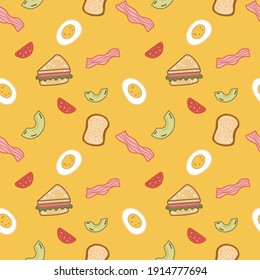 Cute breakfast set seamless pattern with Sandwich, fried egg, bacon, avocado, tomato on yellow background 