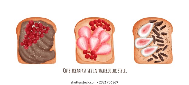 Cute breakfast set in watercolor style.