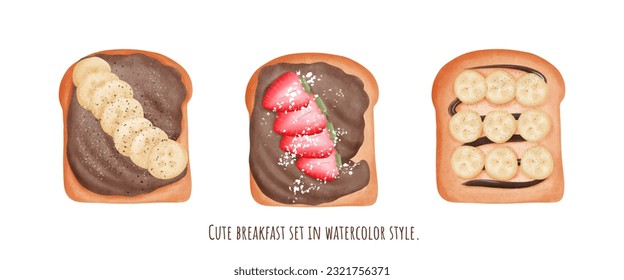 Cute breakfast set in watercolor style.
