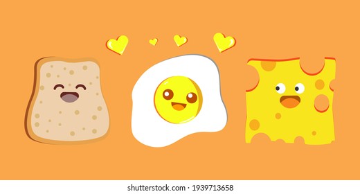Cute breakfast with a slice of egg cheese and bread. Cheerful yellow color theme. Vector illustration of healthy food for the necessities of life. yellow color concept isolated background.