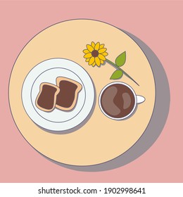Cute breakfast in spring season item with pastel color. Toast with chocolate jam, coffee, sunflower. Design for printing, banner, poster. Fabric, tshirt, totebag. Vector flat illustration