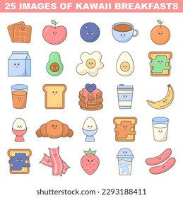 Cute breakfast stickers or icons set. Kawaii morning food with smiley emojis in cartoon style. Adorable eggs, pastry, toast, fruits and vegetables, coffee and milk. Flat vector illustration