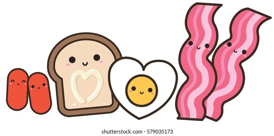 Cute breakfast vector element set include toast topping with condensed milk, heart shaped fired egg, pink bacon and sausage