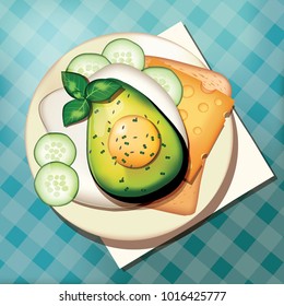 Cute breakfast vector illustration with avocado fried egg and cucumber