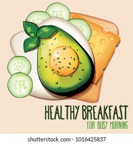 Cute breakfast vector illustration with avocado fried egg and cucumber