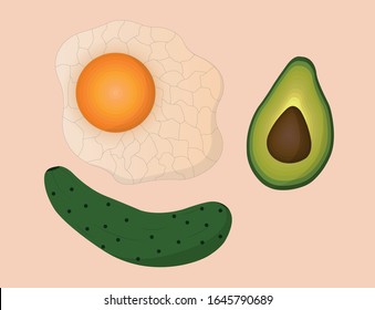 Cute Frühstück Vektorillustration Illustration mit Avocado Gurken und gebratenem Ei. Die Aussicht von oben. Vektorillustration einzeln auf einfarbigem Hintergrund.