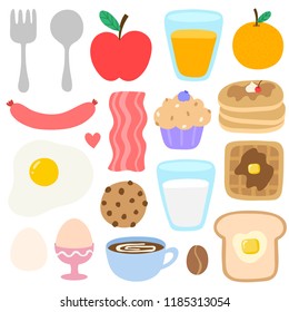 Cute breakfast vector set. Food flat style icon illustration. Spoon, fork, apple, orange juice, bacon, sausage, milk, toast, waffle, pancake, coffee, eggs, muffin, cookie.