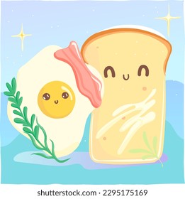 Cute breakfast vector set. Food flat style icon illustration. orange juice, bacon, toast, waffle, eggs, kawaii