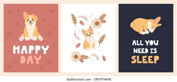 Cute breed welch funny corgi set, kawaii dog with decoration. Pretty pets character design concept for posters with decoration, placards, cards in flat cartoon style. Vector illustration concept