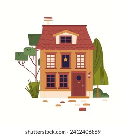 Cute brick cottage house, town hut with chimney, porch with tree isolated on white background. Country building facade vector cartoon illustration