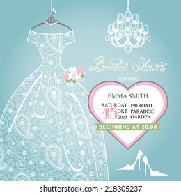 Cute Bridal shower invitation.Retro female's wedding  dress,high-heeled shoes,chandelier,heart label.Dress with paisley lace.Fashion vector Illustration