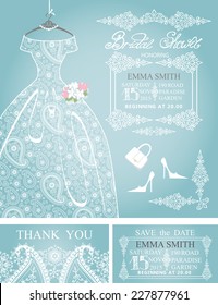 Cute Bridal shower invitation.Retro females wedding  dress Dress with paisley lace,high-heeled shoes.Fashion vector Illustration