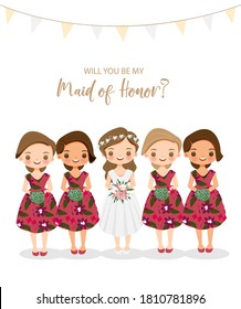 Cute Bride And Bridesmaid Cartoon Character For Maid Of Honor Proposal Invitation Card