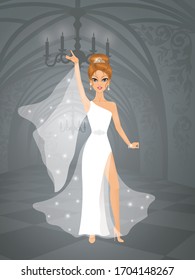 Cute bride in a castle. She is wearing an elegant wedding dress. 