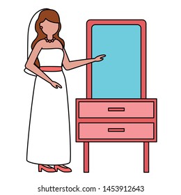 cute bride in dress with mirror wedding day vector illustration