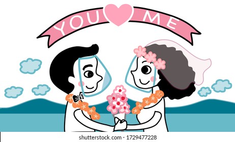 cute bride and groom in the beach wedding vector