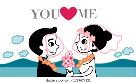 cute bride and groom in the beach wedding vector
