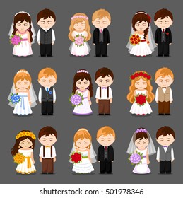 Cute bride and groom. Big set of newlywed couple. Wedding. Vector flat illustration.