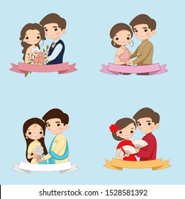 cute bride and groom cartoon character collection set, vector isolated with background
