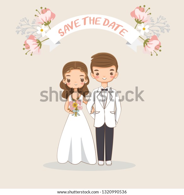 cute bride and groom cartoon couple for wedding invitations card