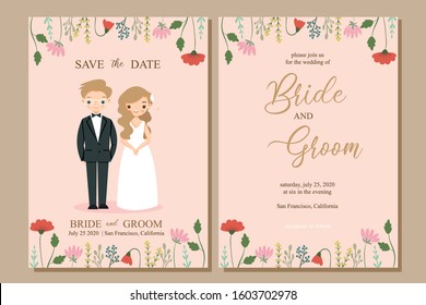 cute bride and groom cartoon with flower wedding invitation card template