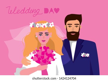 Cute bride and groom in cartoon modern style vector illustration