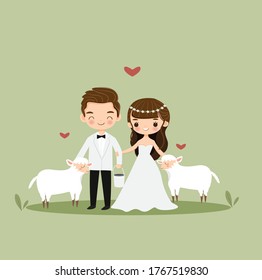 cute bride and groom cartoon with sheep cartoon character for wedding invitation card design