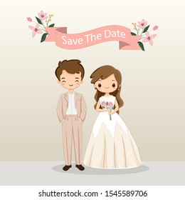 cute bride and groom cartoon for wedding invitation card