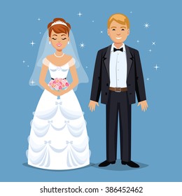 Cute Bride and groom. Cartoon Wedding people couple. Vector illustration