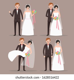 Cute bride and groom couple cartoon character with many poses
