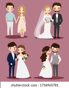 cute bride and groom couple cartoon collection set for wedding invitation card design.