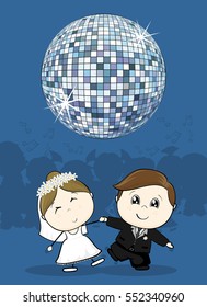 cute bride and groom first dance wedding with big disco ball, ideal for funny party invitation