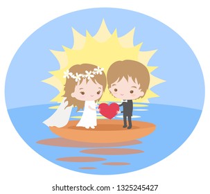 Cute bride and groom float away in a boat in a happy life. Vector illustration.