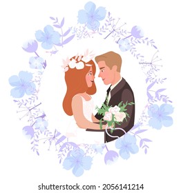 Cute bride and groom in a flower frame. Save the date card, wedding Invitation. Eye to eye, love vibes, flowers bouquet. Vector illustration in cartoon style