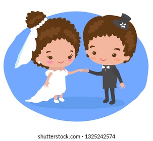 Cute bride and groom hold each other's hand. Vector illustration.